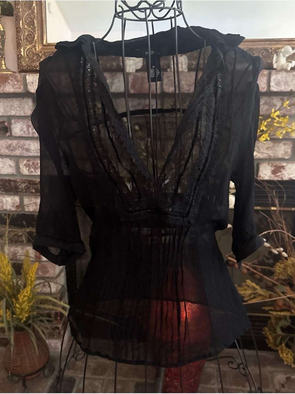 Vtg Arden B Black lace sheer 100% silk blouse 3/4 Sleeve Sz M Gothic Witchy